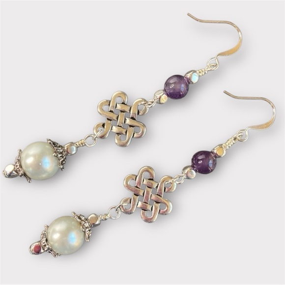Hand Crafted Earrings Pearl Amethyst Eternity Knot Dangle Drop Wedding Nwt 25$